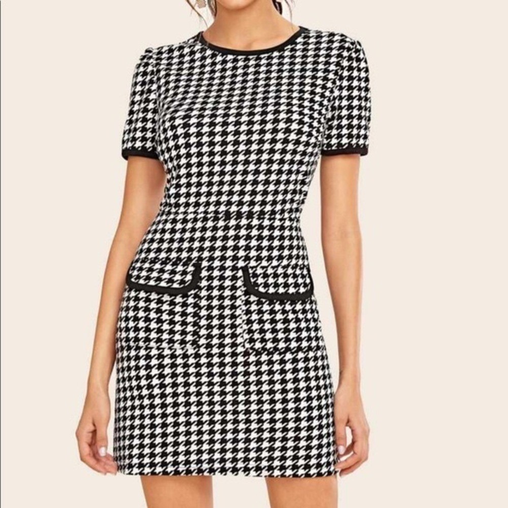 Black/White Checkered Dress w/ Front Faux Pockets